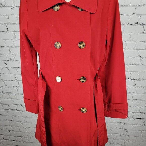 London Fog Red Double Breasted Buttoned Belted Lightweight Rain Coat Small S - Picture 12 of 16